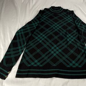 Anne Klein Black and Green Checkered Crewneck Sweater